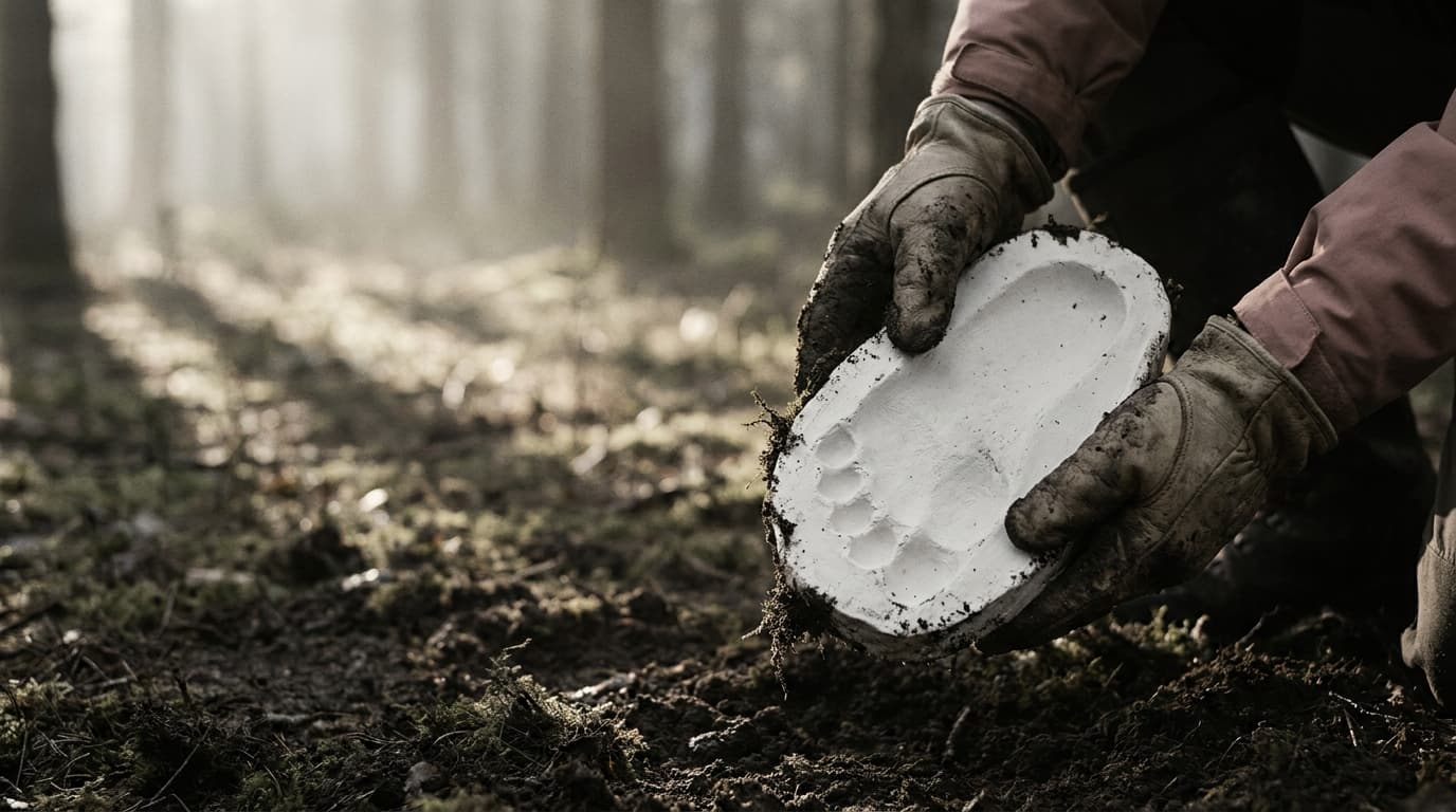 Behandschuhte Hände halten den Gipsabdruck eines rätselhaften Fußabdrucks im nebligen Bergwald