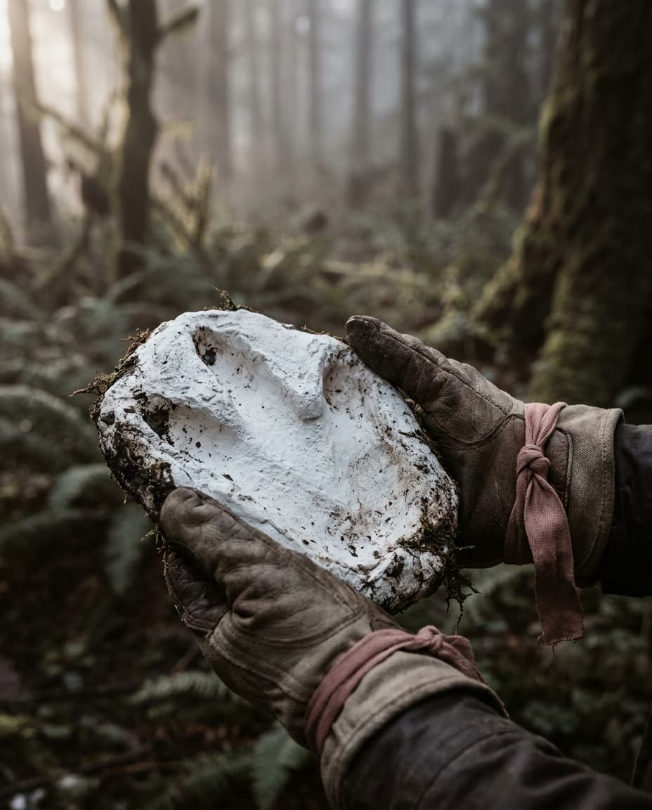 Behandschuhte Hände halten den Gipsabdruck eines rätselhaften Fußabdrucks im nebligen Bergwald