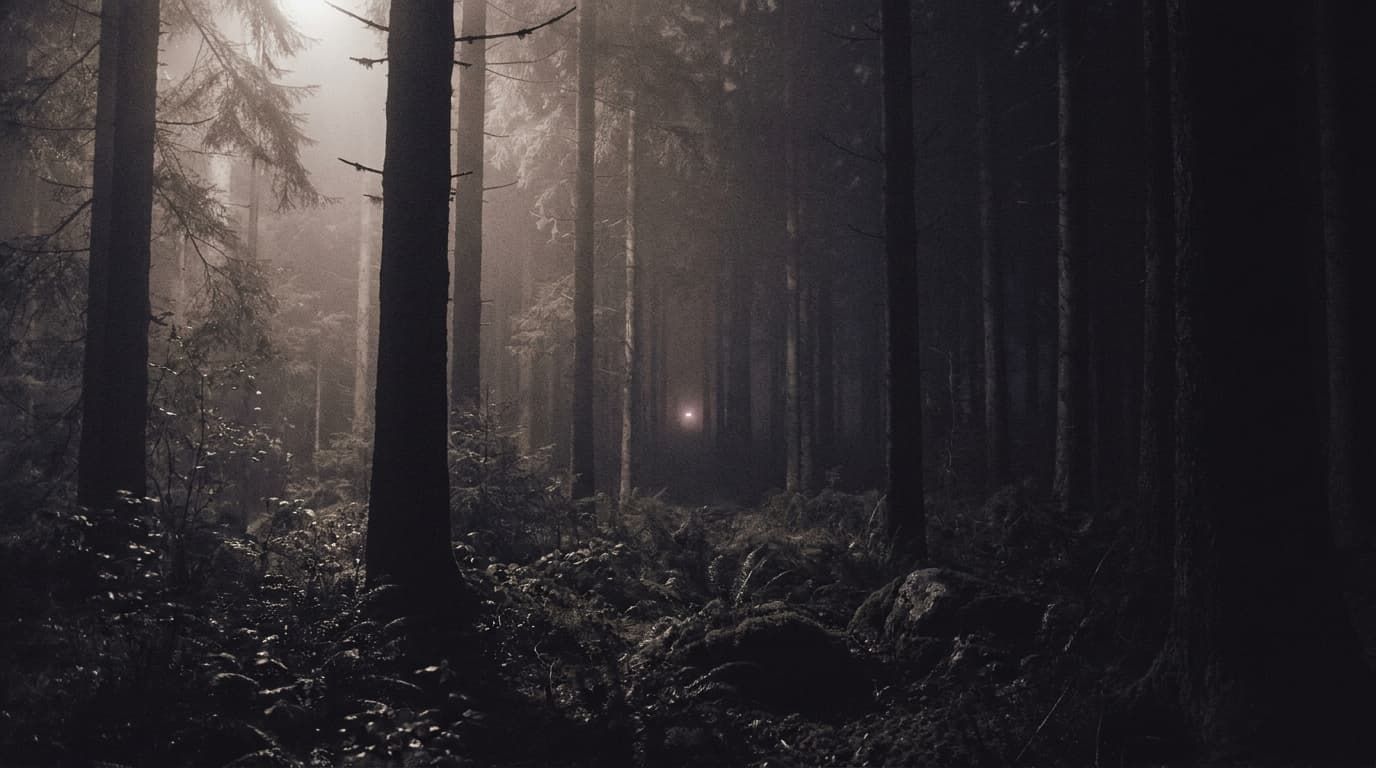 Nächtlicher Nadelwald im Nebel